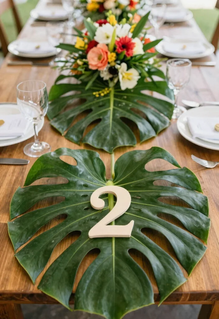 17 Beach Wedding Table Numbers Ideas With Coastal Style - 16. Tropical Leaf Number Displays 1