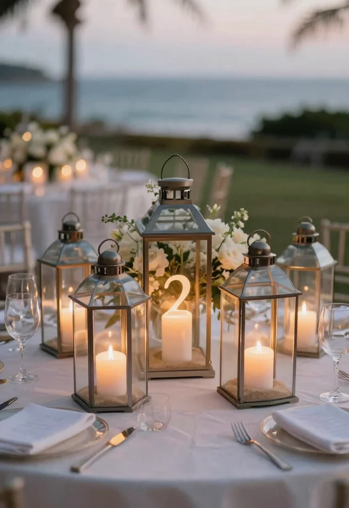 17 Beach Wedding Table Numbers Ideas With Coastal Style - 17. Lantern Number Displays 1