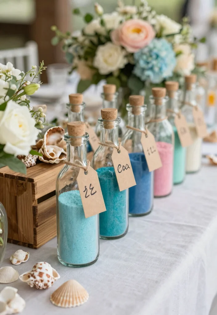 17 Beach Wedding Table Numbers Ideas With Coastal Style - 3. Glass Bottles with Sand 1
