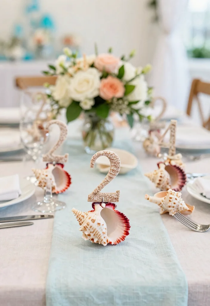 17 Beach Wedding Table Numbers Ideas With Coastal Style - 4. Coral and Conch Shells 1