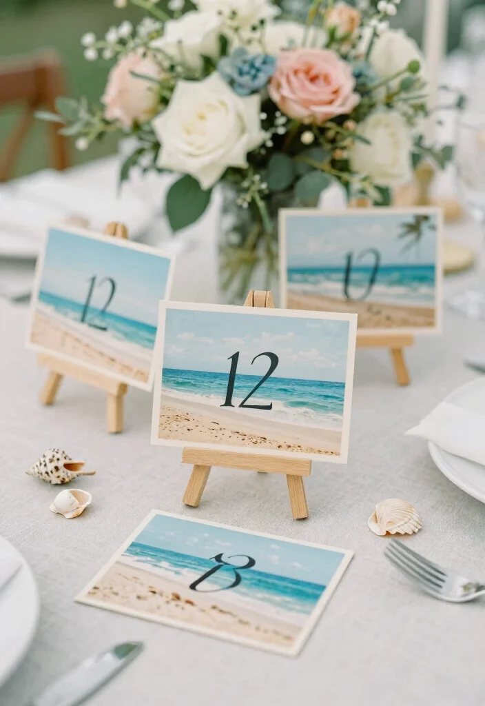 17 Beach Wedding Table Numbers Ideas With Coastal Style - 5. Vintage Postcards 1