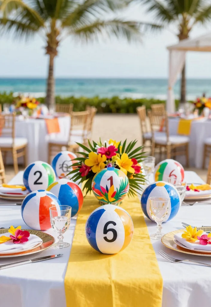 17 Beach Wedding Table Numbers Ideas With Coastal Style - 7. Beach Ball Table Numbers 1
