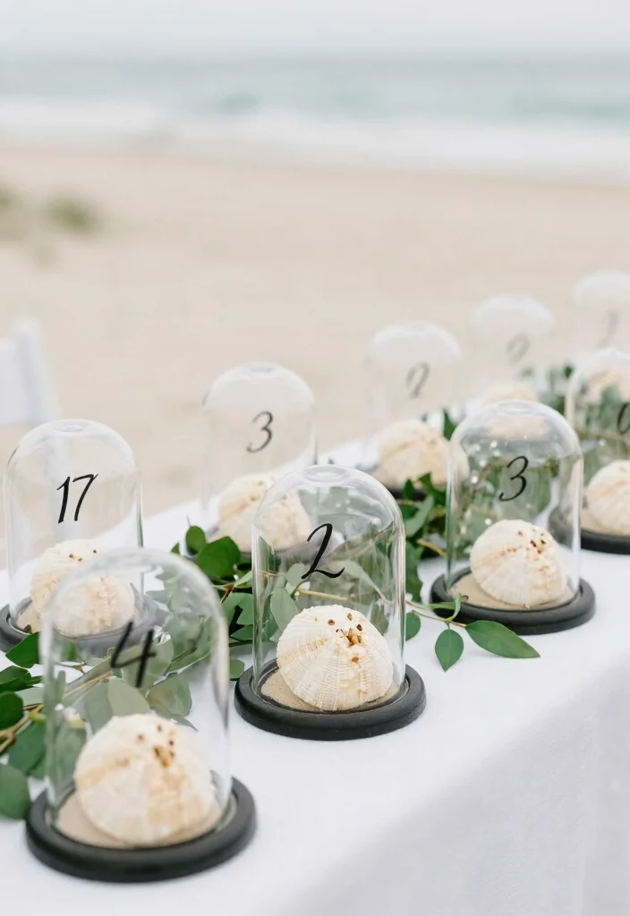 17 Beach Wedding Table Numbers Ideas With Coastal Style - 9. Sand Dollar Displays 1