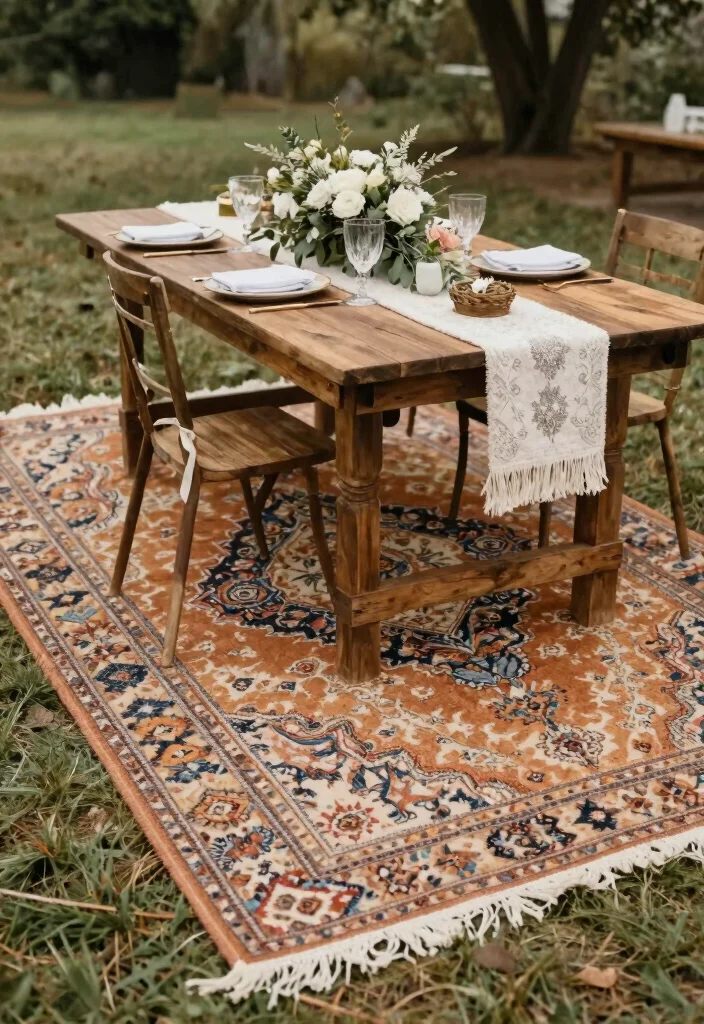 17 Boho Wedding Table Decor Ideas With Free Spirited Vibes - 16. Outdoor Rug for Added Comfort 1