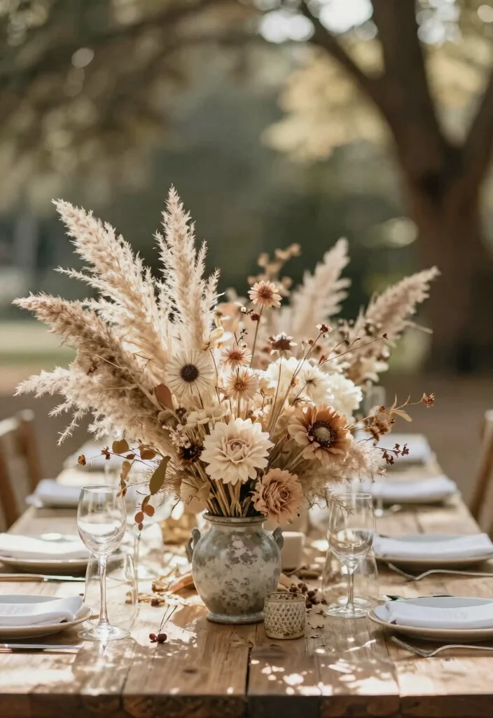 17 Boho Wedding Table Decor Ideas With Free Spirited Vibes - 9. Dried Floral Arrangements 1
