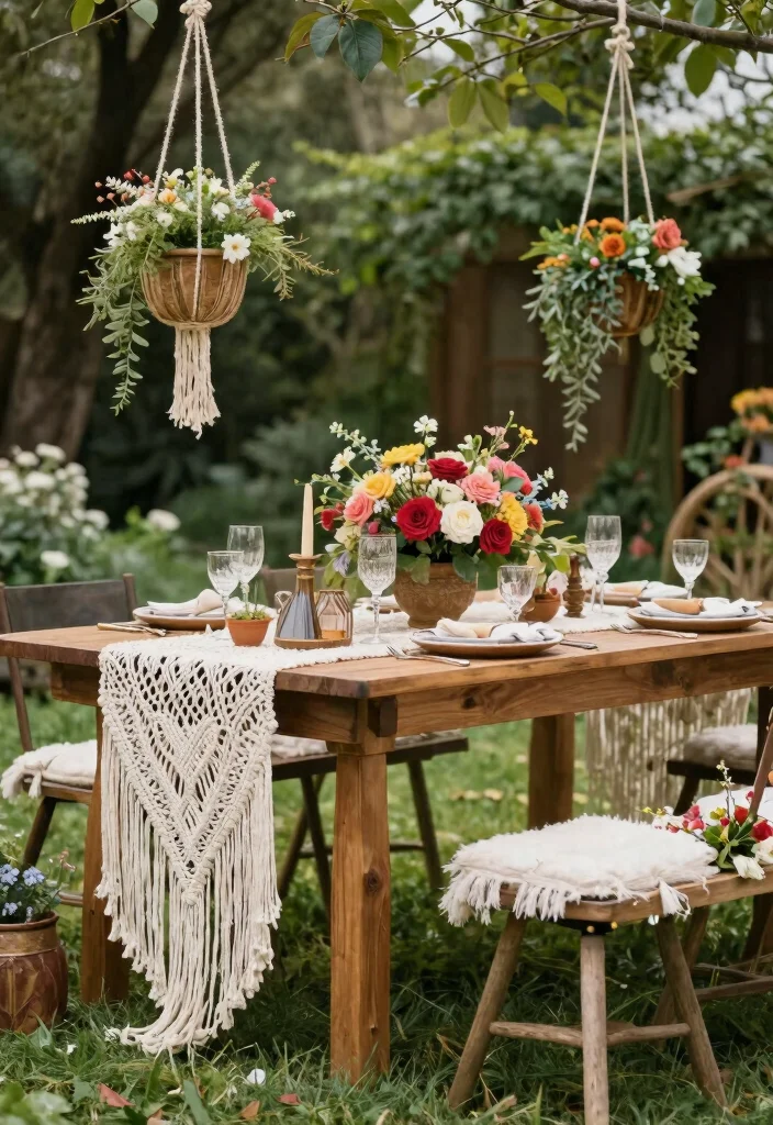 17 Garden Wedding Table Ideas With Natural Beauty - 11. Boho Macramé Accents 1