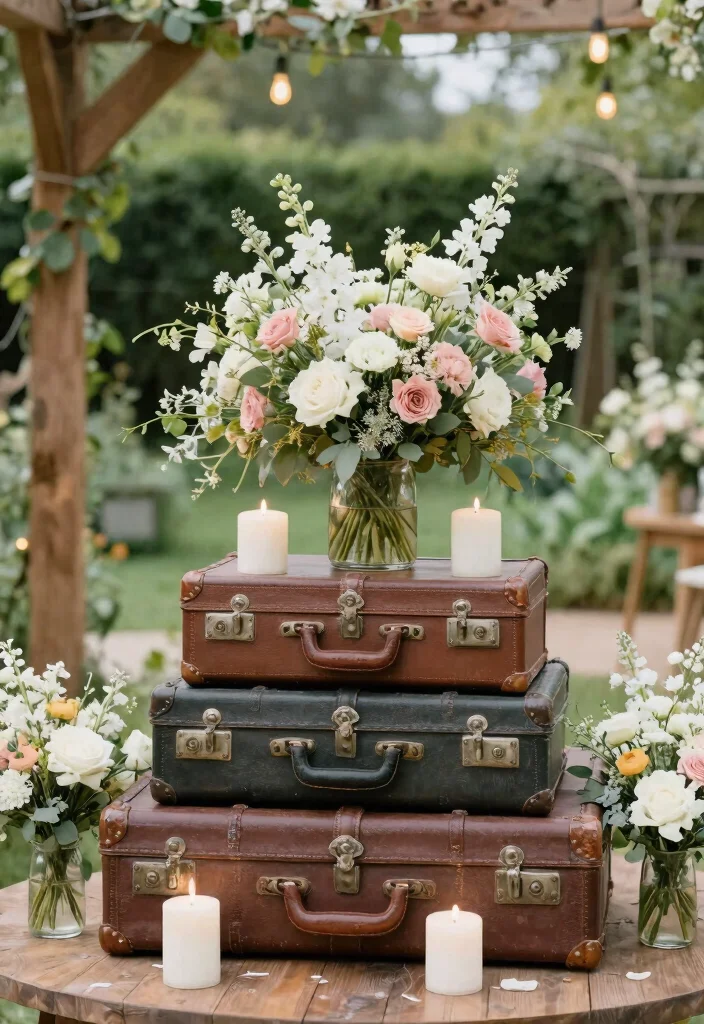 17 Garden Wedding Table Ideas With Natural Beauty - 12. Vintage Suitcase Centerpieces 1