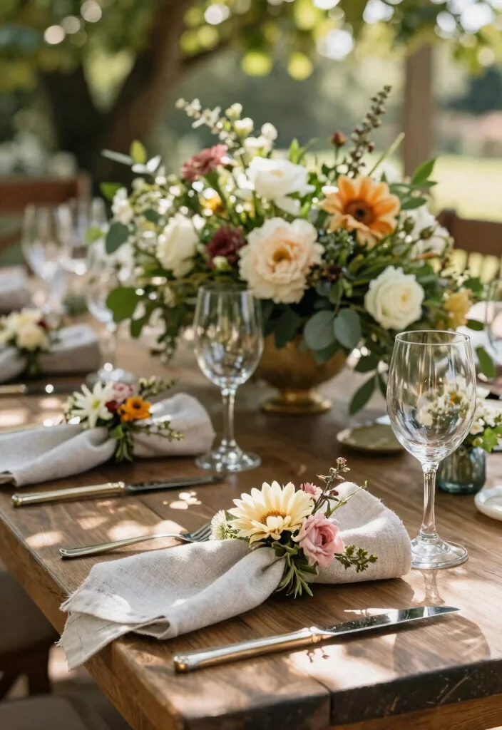 17 Garden Wedding Table Ideas With Natural Beauty - 7. Floral Napkin Rings 1