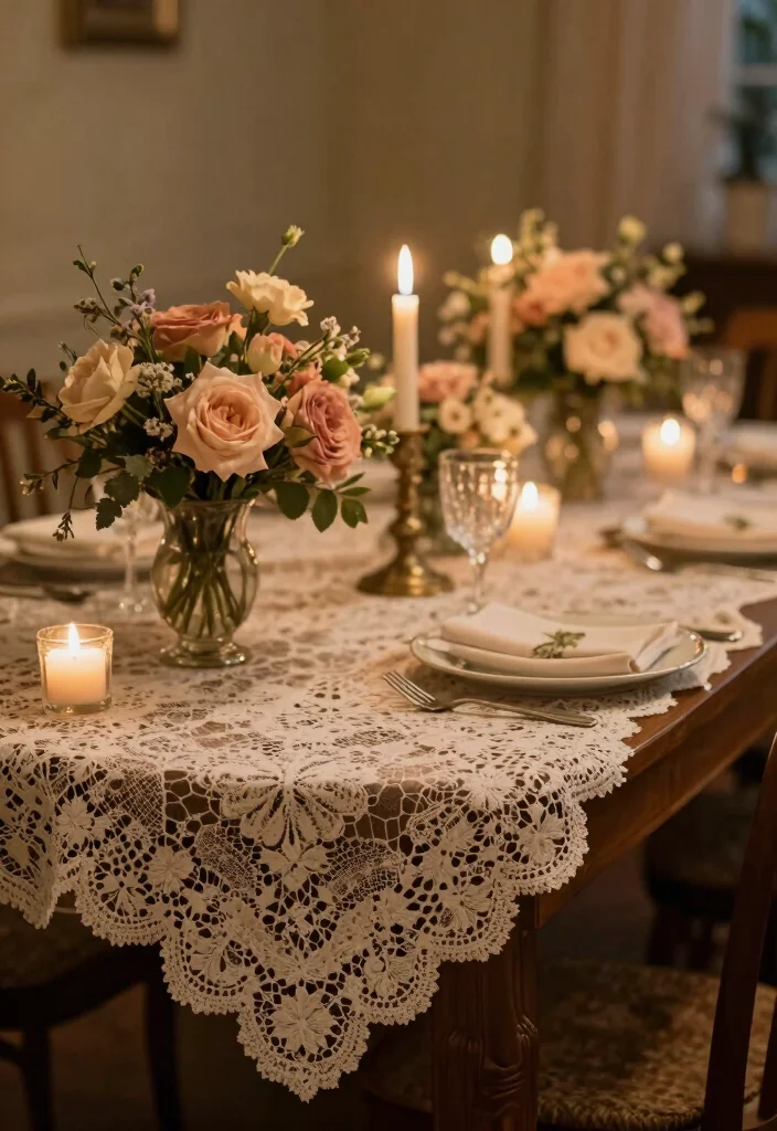 17 Wedding Dinner Table Decor Ideas That Glow Beautifully - 15. Vintage Lace Accents 1