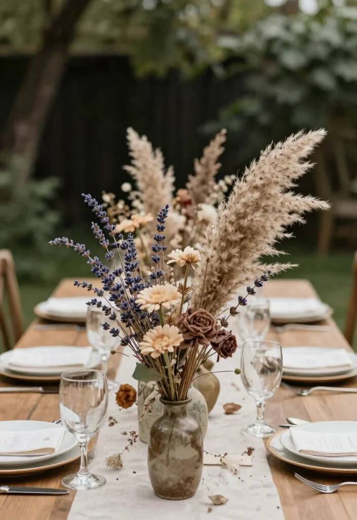 17 Wedding Dinner Table Decor Ideas That Glow Beautifully - 4. Elegant Dried Flower Arrangements 1