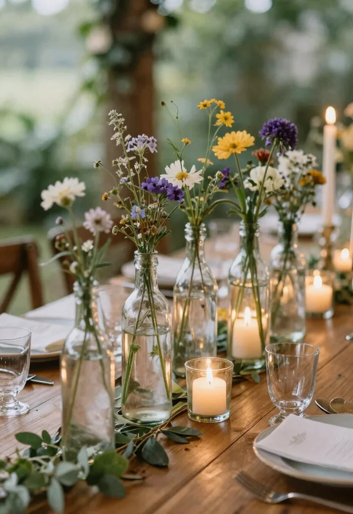 17 Wedding Dinner Table Decor Ideas That Glow Beautifully - 8. Upcycled Glass Bottles 1