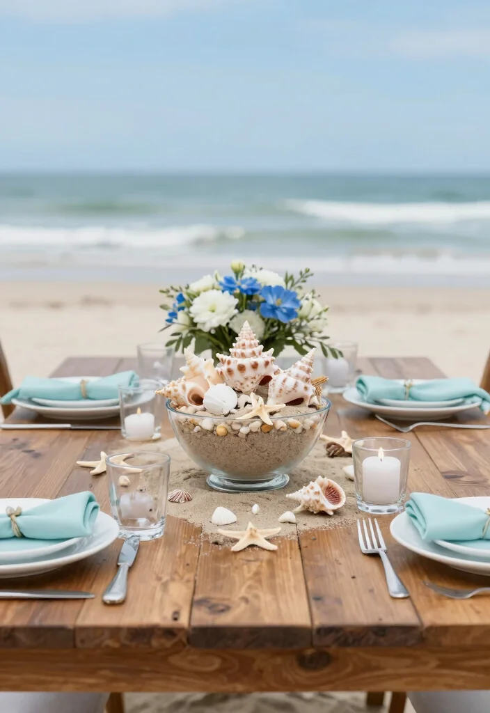 18 Beach Wedding Table Decorations Ideas With Coastal Charm - 1. Seashell Centerpieces 1