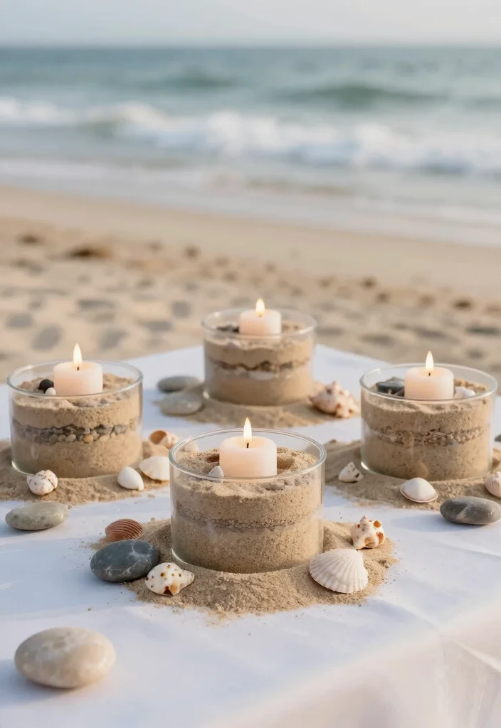 18 Beach Wedding Table Decorations Ideas With Coastal Charm - 10. Sand and Stone Accents 1