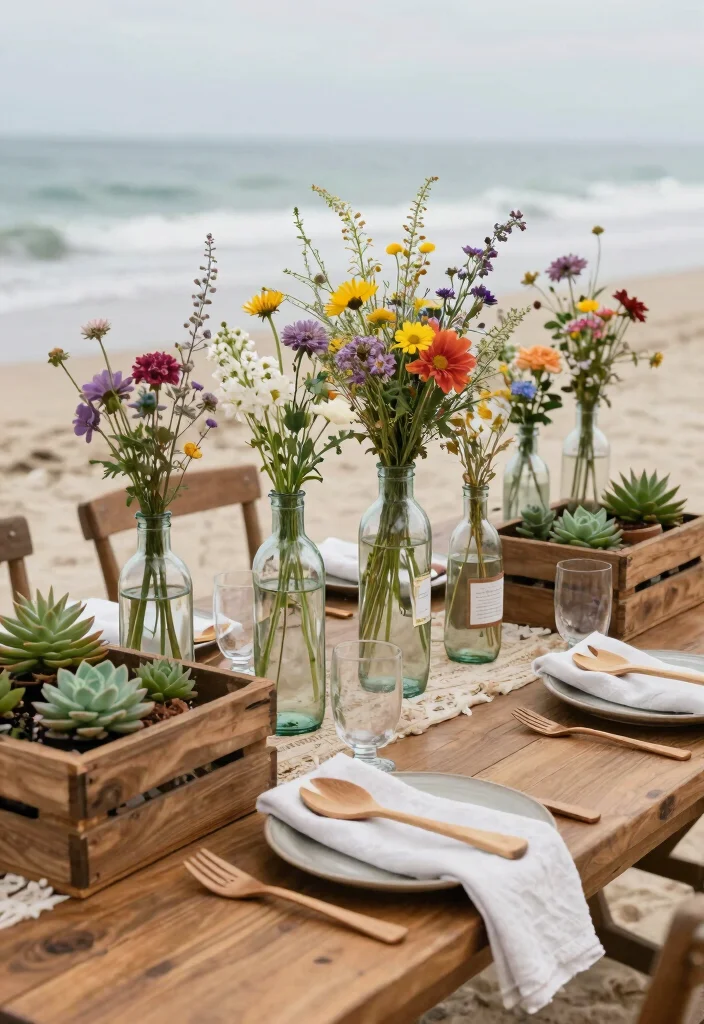 18 Beach Wedding Table Decorations Ideas With Coastal Charm - 11. Upcycled Table Decor 1