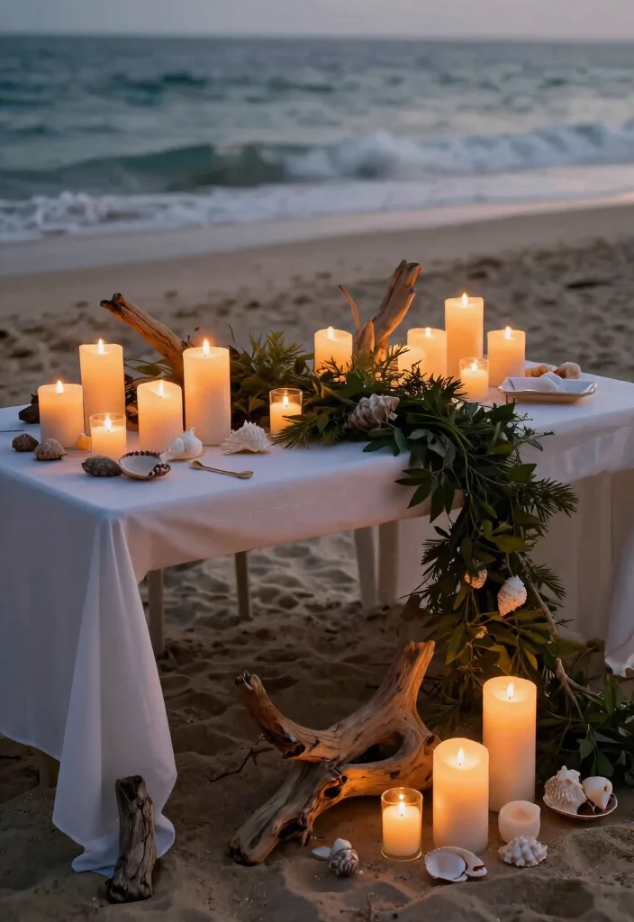 18 Beach Wedding Table Decorations Ideas With Coastal Charm - 15. Eco-Friendly Candles 1