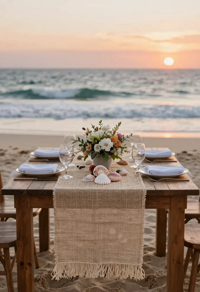 18 Beach Wedding Table Decorations Ideas With Coastal Charm - 16. Natural Fiber Table Runners 1
