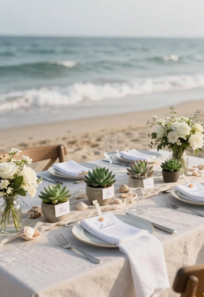 18 Beach Wedding Table Decorations Ideas With Coastal Charm - 17. Personalized Favors as Decor 1