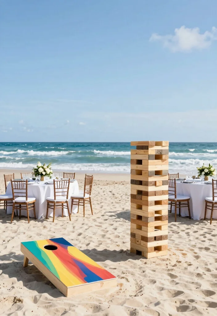 18 Beach Wedding Table Decorations Ideas With Coastal Charm - 18. Whimsical Beach Games 1
