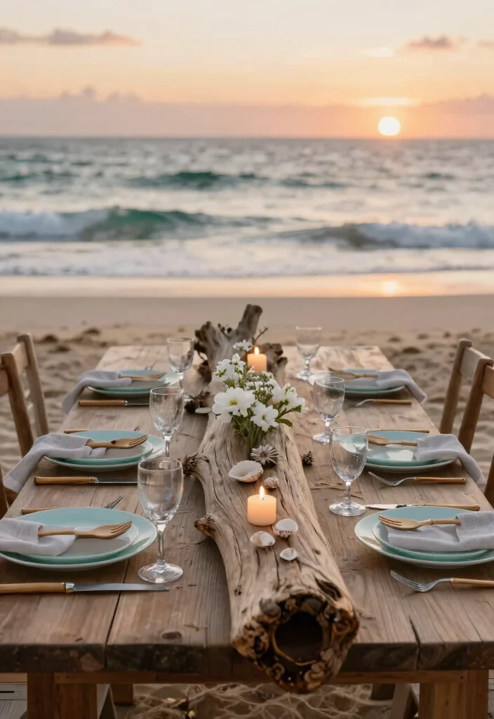 18 Beach Wedding Table Decorations Ideas With Coastal Charm - 2. Driftwood Accents 1
