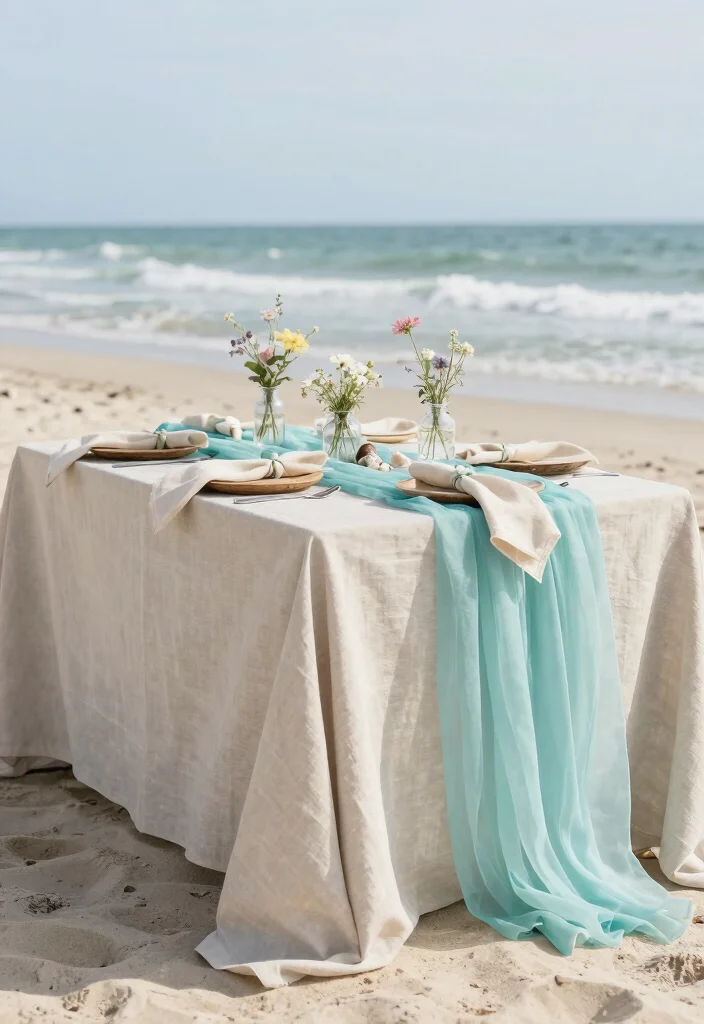 18 Beach Wedding Table Decorations Ideas With Coastal Charm - 3. Ocean-Inspired Table Linens 1
