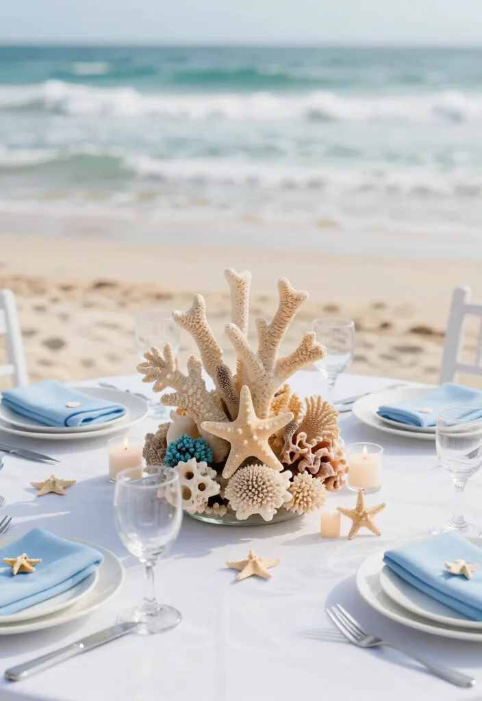 18 Beach Wedding Table Decorations Ideas With Coastal Charm - 7. Coral and Starfish Accents 1