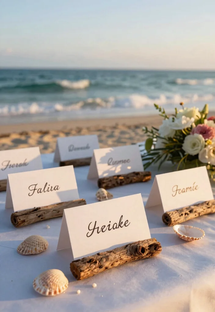 18 Beach Wedding Table Decorations Ideas With Coastal Charm - 8. Beach-Themed Place Cards 1