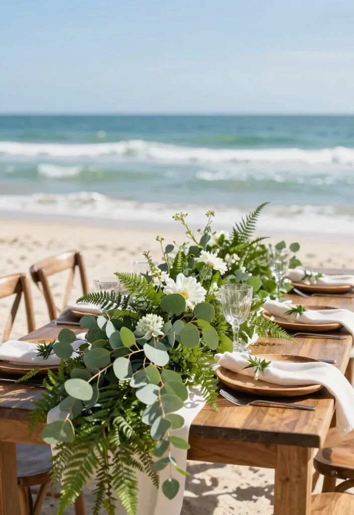 18 Beach Wedding Table Decorations Ideas With Coastal Charm - 9. Botanical Table Decor 1