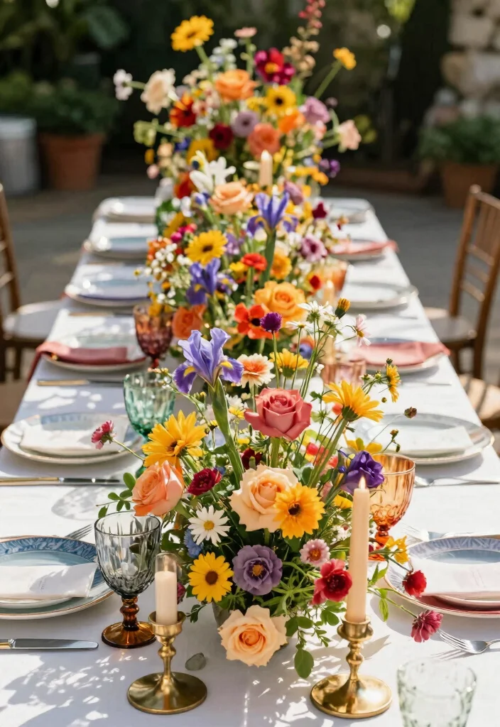 18 Colorful Wedding Table Settings Ideas That Pop - 1. Rainbow Floral Explosion 1