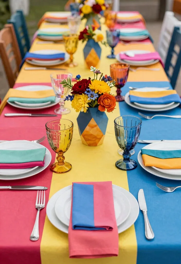 18 Colorful Wedding Table Settings Ideas That Pop - 17. Playful Color Blocks 1