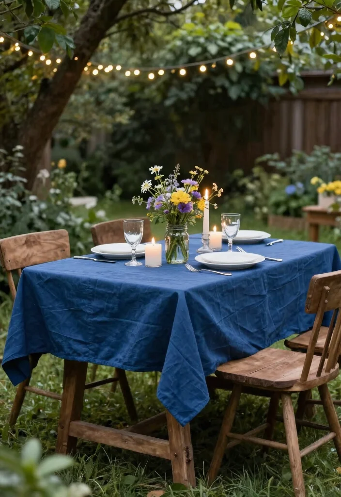 18 French Blue Wedding Table Setting Ideas With Soft Romance - 1. Rustic Elegance with Blue Tablecloths 1