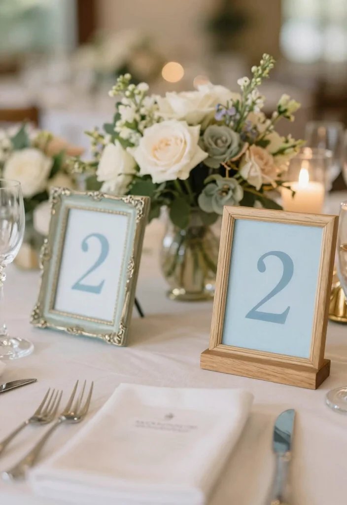 18 French Blue Wedding Table Setting Ideas With Soft Romance - 12. Unique Table Numbers 1