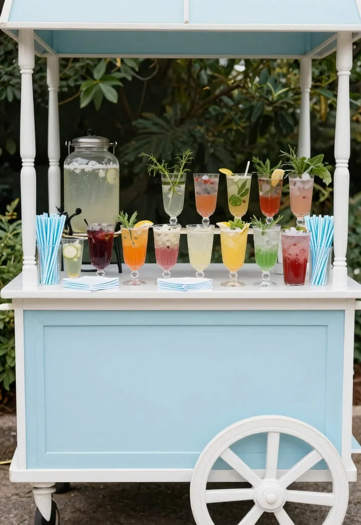 18 French Blue Wedding Table Setting Ideas With Soft Romance - 15. Stylish Drink Stations 1