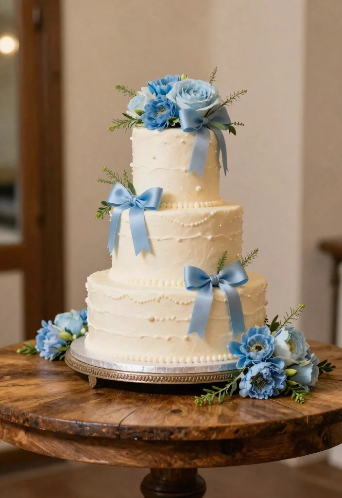 18 French Blue Wedding Table Setting Ideas With Soft Romance - 16. Creative Cake Displays 1