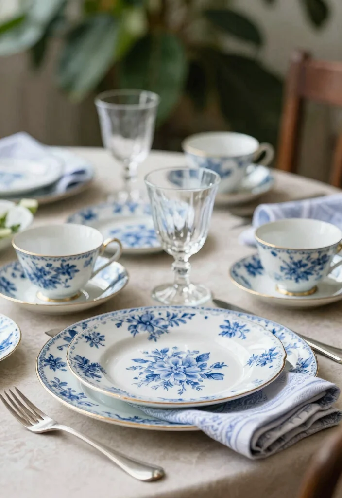 18 French Blue Wedding Table Setting Ideas With Soft Romance - 2. Vintage Dinnerware for a Touch of Class 1