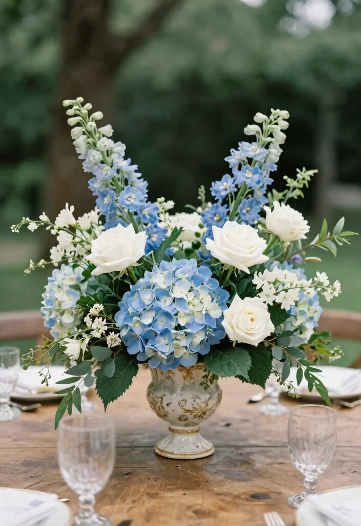 18 French Blue Wedding Table Setting Ideas With Soft Romance - 3. Soft Blue Floral Arrangements 1
