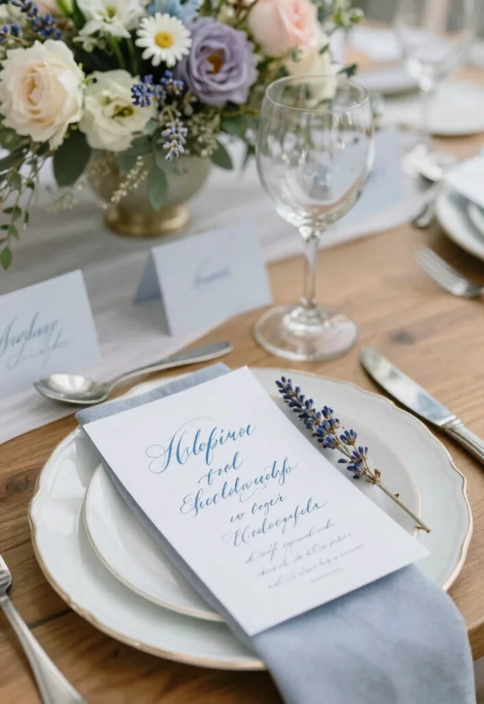 18 French Blue Wedding Table Setting Ideas With Soft Romance - 6. Personalized Place Cards 1