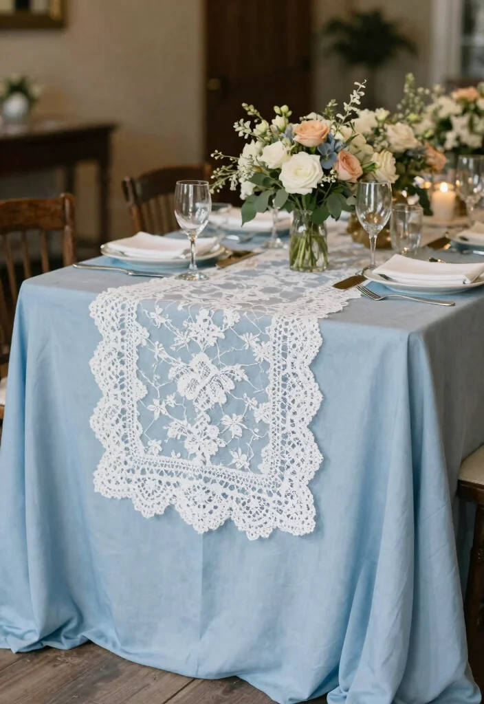 18 French Blue Wedding Table Setting Ideas With Soft Romance - 7. Layering Textures with Table Runners 1