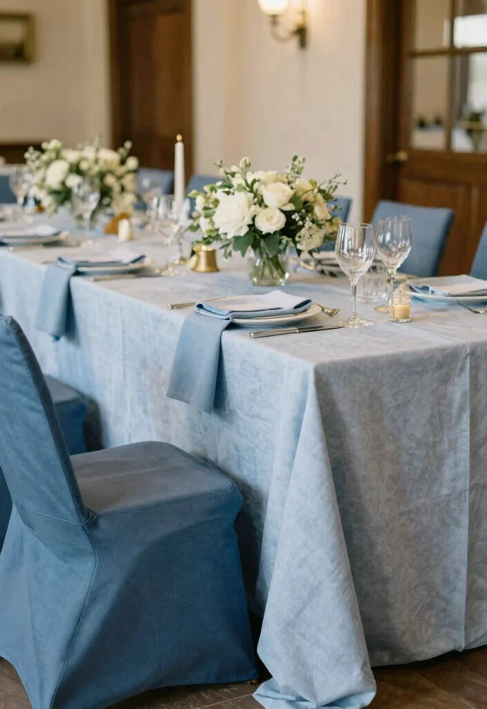18 French Blue Wedding Table Setting Ideas With Soft Romance - 9. Soft Blue Linens for Napkins and Chairs 1