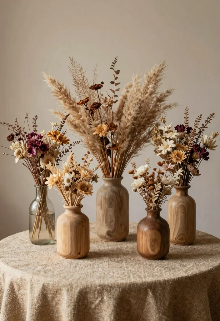 18 Simple Round Table Wedding Decor Ideas That Shine - 13. Dried Floral Accents 1