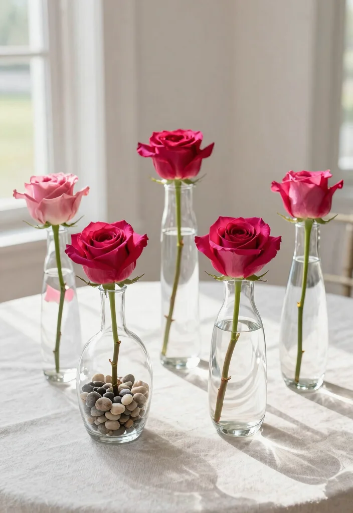 18 Single Stem Roses Wedding Table Ideas That Look Minimal Chic - 1. Minimalist Glass Vases 1