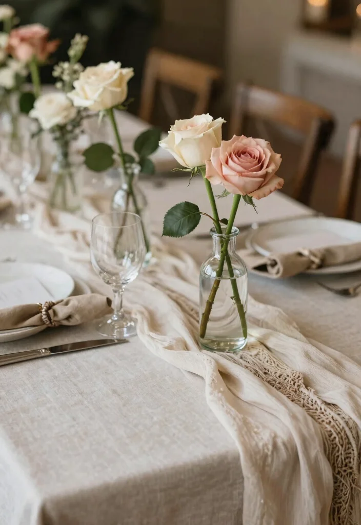 18 Single Stem Roses Wedding Table Ideas That Look Minimal Chic - 10. Layering Textures 1