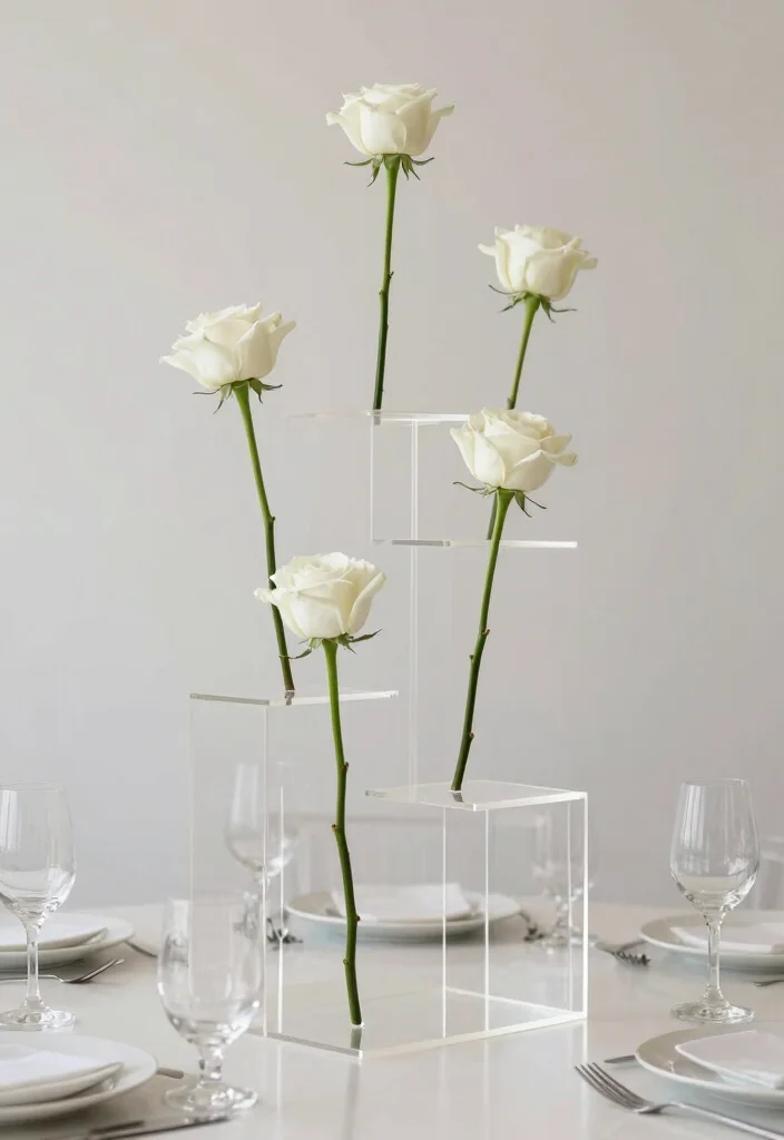 18 Single Stem Roses Wedding Table Ideas That Look Minimal Chic - 11. Clear Acrylic Bases 1