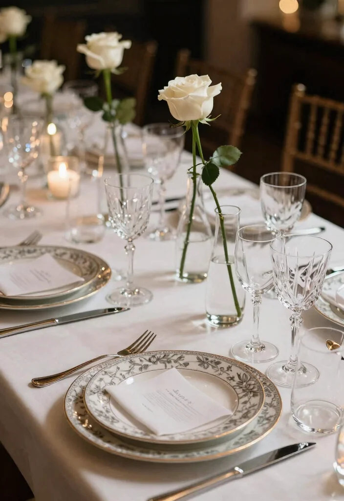 18 Single Stem Roses Wedding Table Ideas That Look Minimal Chic - 17. Fine China and Glassware 1