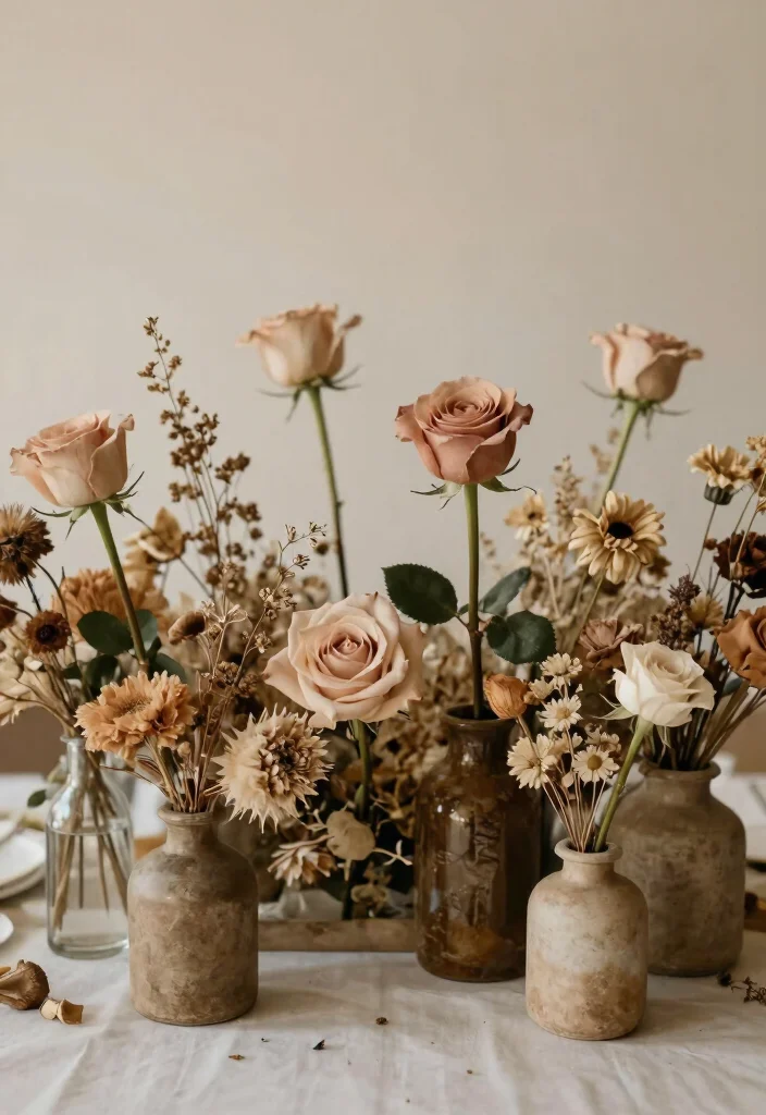 18 Single Stem Roses Wedding Table Ideas That Look Minimal Chic - 5. Dried Floral Accents 1
