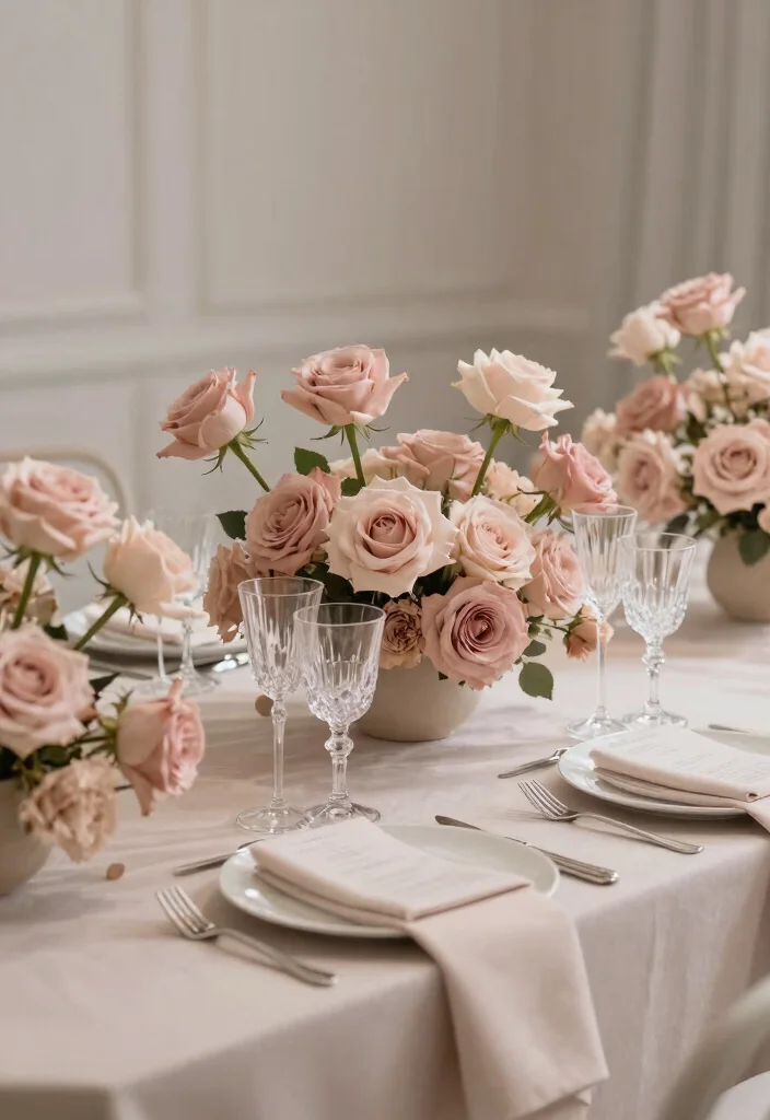 18 Single Stem Roses Wedding Table Ideas That Look Minimal Chic - 6. Soft, Monochromatic Palettes 1