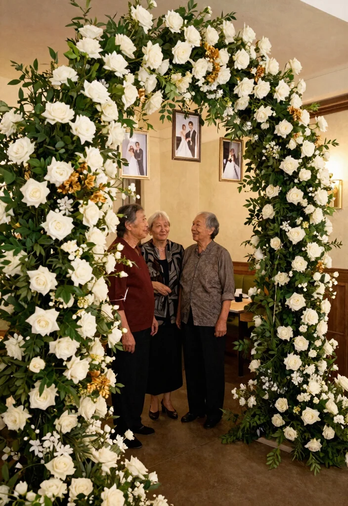 10 50th Wedding Anniversary Backdrop Ideas for Small Venues - 1. Elegant Gold and White Floral Arch 1