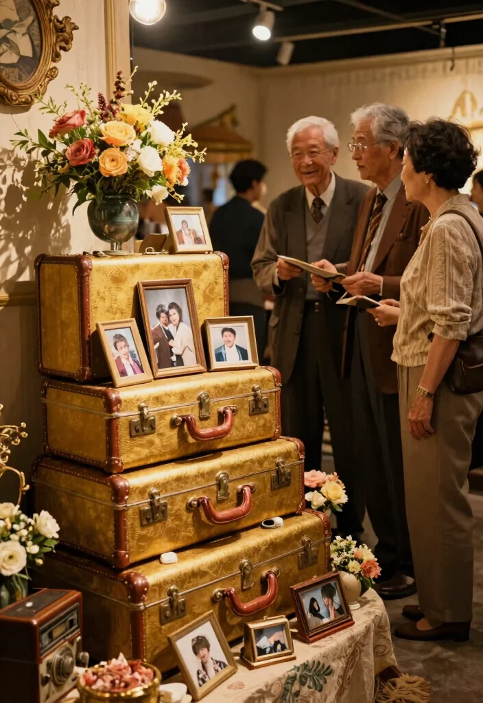 10 50th Wedding Anniversary Backdrop Ideas for Small Venues - 10. Golden Vintage Suitcase Display 1
