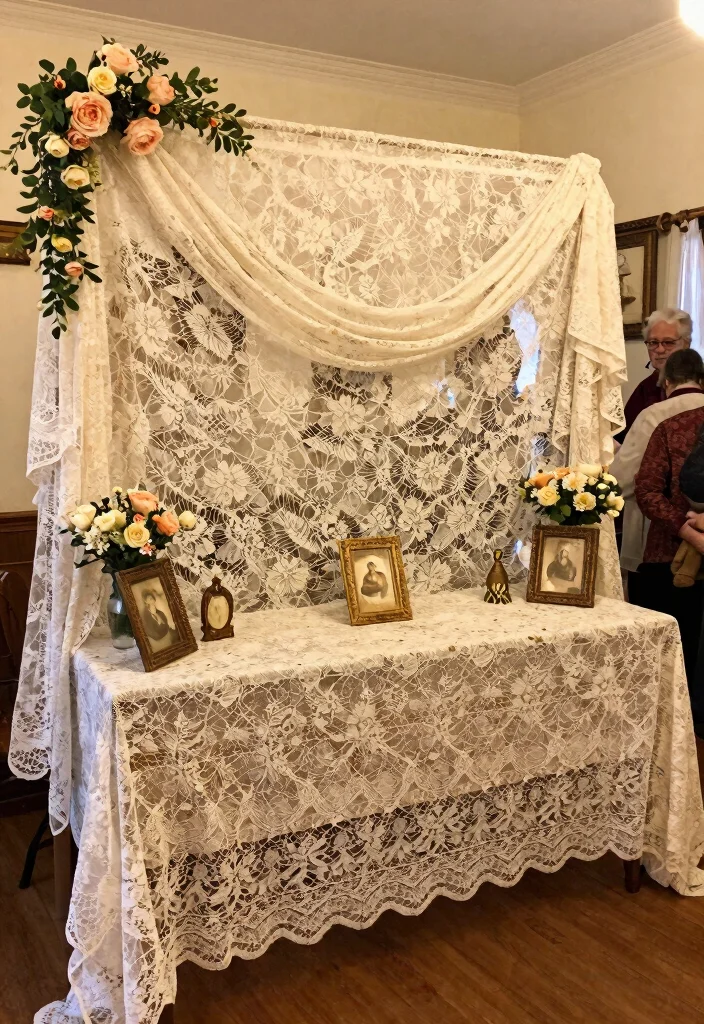 10 50th Wedding Anniversary Backdrop Ideas for Small Venues - 6. Vintage Lace Tablecloth Backdrop 1