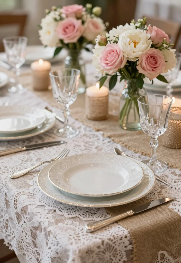 12 Burlap Wedding Table Inspirations That Don't Look Rustic-Overdone - 1. Elegant Lace and Burlap Fusion 1