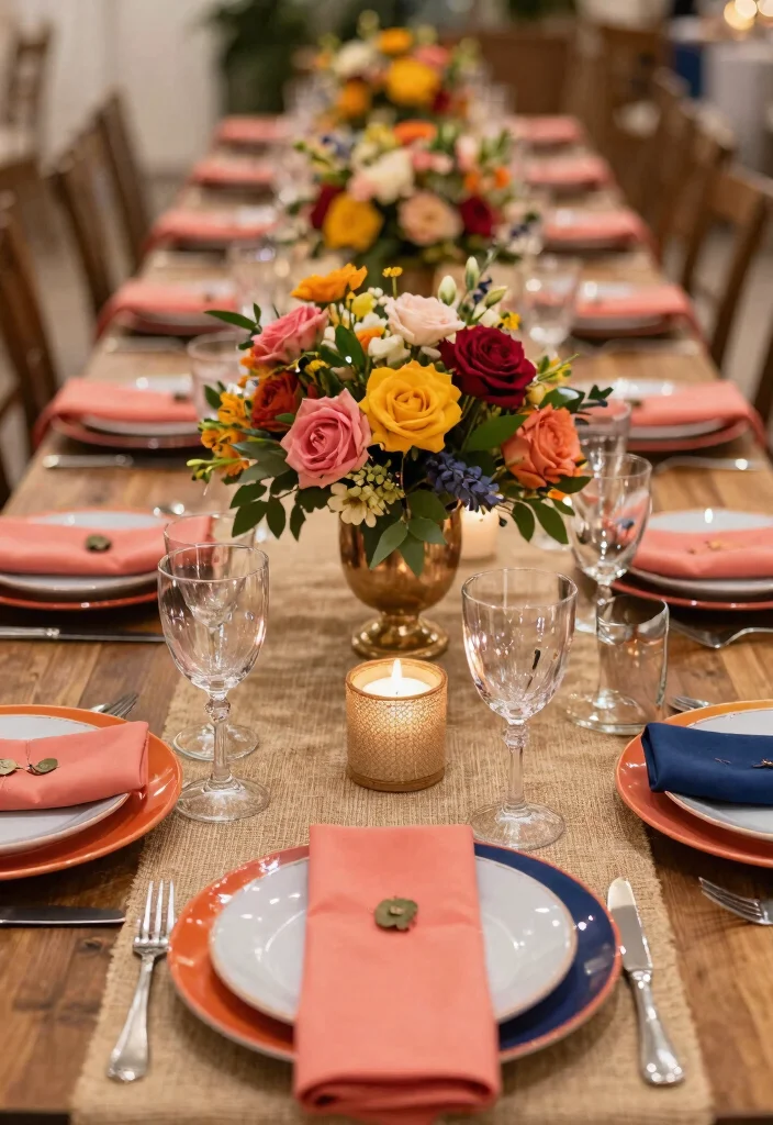 12 Burlap Wedding Table Inspirations That Don't Look Rustic-Overdone - 3. Chic Color Pops with Burlap 1